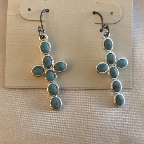 Lucky Brand Silver Tone Cross Drop Earrings Turquoise Accents NWT - Picture 8 of 10